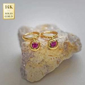 Aros pendientes colgantes corazón circonita cúbica rubí rosa oro macizo 14K REAL - Imagen 1 de 6