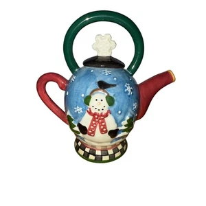 Debbie Mumm Snowglobe Snowman Teapot Christmas Ceramic 7" Festive Decor - Picture 1 of 6