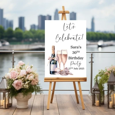 Champagne and glasses personalised birthday welcome sign poster party decor - Image 1 of 4