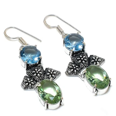 Orecchino gioiello in argento sterling 925 con ametista verde, pietra prezios... - Immagine 1 di 4