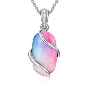 Collana Iridescente da Donna in Argento Sterling Pietra Rosa Pendente Collane Ov... - Foto 1 di 7