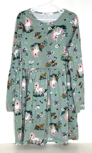 H&M Girls 134/140 cm US 8 10 dress Unicorn Forest Animals Print Green Long slvs - Picture 1 of 5