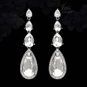 Clear Crystal Rhinestone Wedding Bridal Drop Dangle Earrings 06560 Silver Tone - Picture 1 of 4