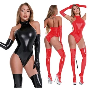 Womens Latex PVC Leather Bodysuit Gloves Socks Shiny Wet Look Catsuit Clubwear - Picture 1 of 21