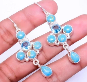 Copper Blue Turquoise Quartz 925 Sterling Silver Earring 2.15" A66 - Picture 1 of 2