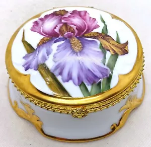 Porcelain Trinket Box with Hand Painted Iris, Signed on base, - 12cm diameter - Picture 1 of 8