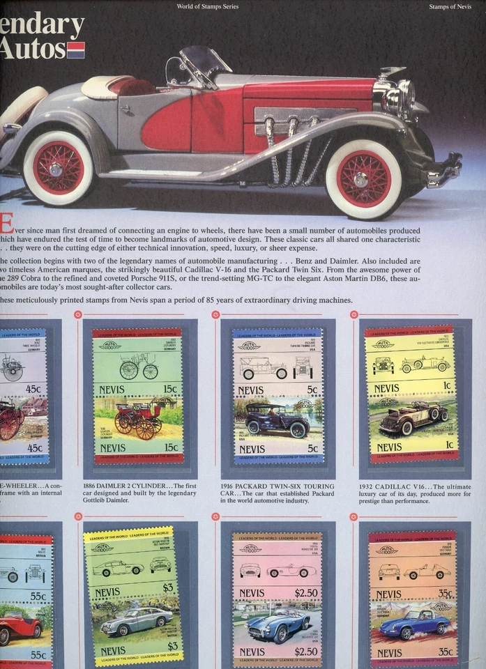 Sociedad Comercial Postal Mundo de Estampillas Sellos Legendarios Auto de Nevis Foto 1 de 3