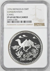 1976 MONGOLIA SILVER 50 TUGRIK S50T CONSERVATION CAMEL NGC PF 69 ULTRA CAMEO - Picture 1 of 2