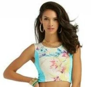 Womens Crop Top Junior Girls Nicki Minaj Sleeveless White Blue Floral Shirt- XL - Picture 1 of 3