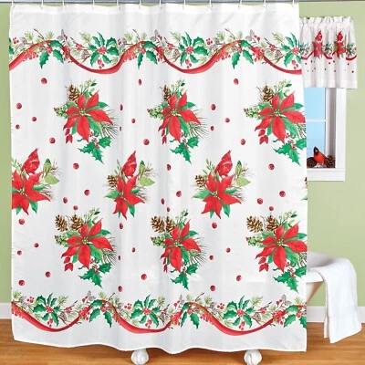 Cortina de ducha de baño Holiday Cardinals and Poinsettia con ganchos 72"L x 70"W Foto 1 de 2