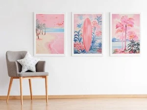 Conjunto de 3 impresiones de póster de arte de pared acuarela mar océano playa costera rosa suave - Imagen 1 de 7