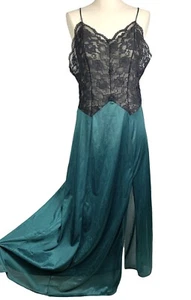 Camisón largo vintage verde esmeralda negro delicado encaje satinado talla mediana NUEVO - Imagen 1 de 8