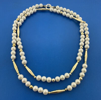 Collar Ralph Lauren Dos Tonos Imitación Perla Metal Cilindro Distintivo Palanca Foto 1 de 4