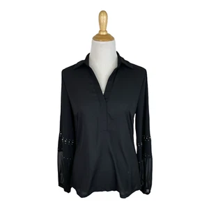 INC Women's Black Long Sleeve Embellished Collared Blouse Size Small B37 - Picture 1 of 5
