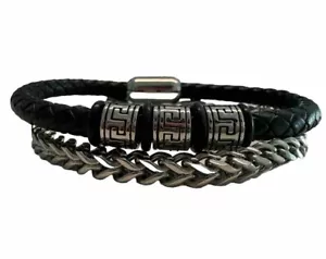 Fashion Mens Stainless Steel Bundle Greek Grecian Key Genuine Leather Bracelet - Picture 1 of 24