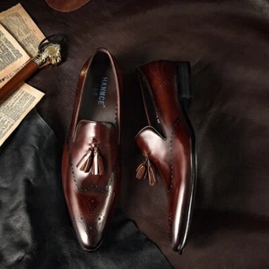 Mens 100% Real Leather Wing Tip Vintage Dress Formal Shoes Brogue Carved Banquet - Picture 1 of 14