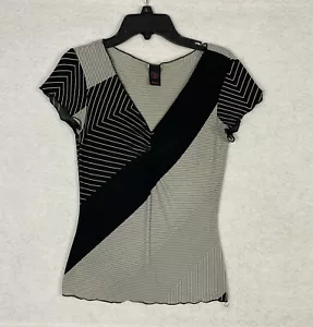 VTG Geometric Blouse Tank Top Sz XS Cap Sleeve Boho V Neck 90s Y2K Black Striped - Picture 1 of 8