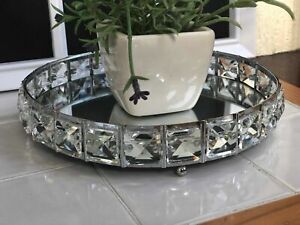 DECORATIVE DIAMANTE MIRRORED ROUND CANDLE PLATE METAL GLASS ROUND TRAY 20CM