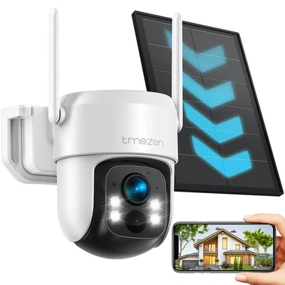 TMEZON 3MP Solar/Akku Kabellose WLAN Überwachungskamera Aussen 360° PTZ Kamera - Bild 1 von 4
