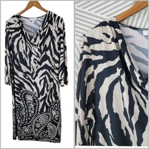 CJ Banks Plus size 1X Shirt Dress Stretch Black White Drape Front Paisley Zebra - Picture 1 of 8