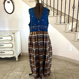 Vintage Victoria Jones Petite Gr. L Denim kariert Herbst Blätter Pullover Kleid Cottagecore - Bild 1 von 9