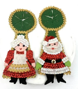 Vintage Handmade Felt and Sequin Santa & Mrs. Claus Christmas Door Knob Hanger - Picture 1 of 5