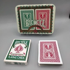 Vintage 1990s Bicycle Holiday Back Playing Cards Christmas Red Green in Tin - Picture 1 of 15