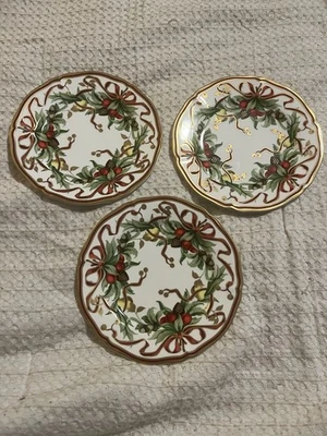 Set Of 3 Tiffany & Co. Holiday Garland Salad Plate 7 3/4” Christmas Holly Ribbon - image 1 of 4