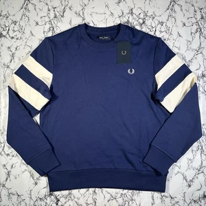 FRED PERRY Mens French Navy Blue Tipped Sleeve Sweatshirt SIZE LARGE BNWT M5544 - Picture 1 of 11