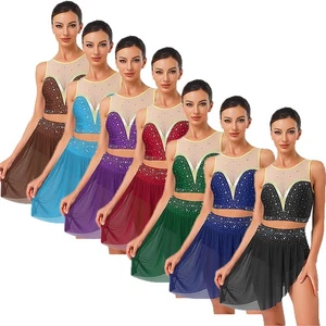 Womens Dancewear Hollow Out Outfits Crop Tops Dress Ballroom Lyrical Costume - Picture 1 of 95