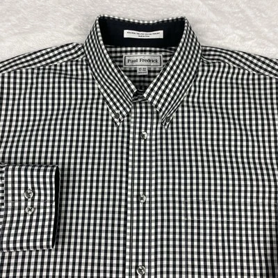 Camisa de vestir Paul Fredrick para hombre 17-32 negra a cuadros búfalo puños abatibles sin hierro Foto 1 de 4