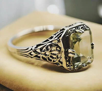 VINTAGE STYLE 925 STERLING SILVER GENUINE GREEN AMETHYST FILIGREE RING 1787 - Image 1 of 4