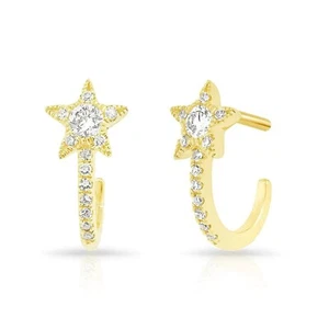 Natural 0.17 CT Diamond Star Stud Huggies Earring 14k Yellow Gold Handmade Jewel - Picture 1 of 3
