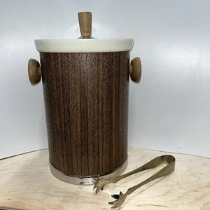 Vintage Kromex Ice Bucket Faux Wood Grain With Chrome Lid Made In USA - Picture 1 of 13