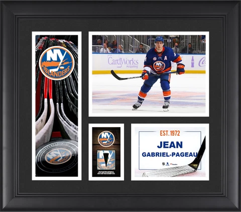 Jean-Gabriel Pageau Islanders FRMD 15" x 17" Collage with a Piece of GU Puck Cover