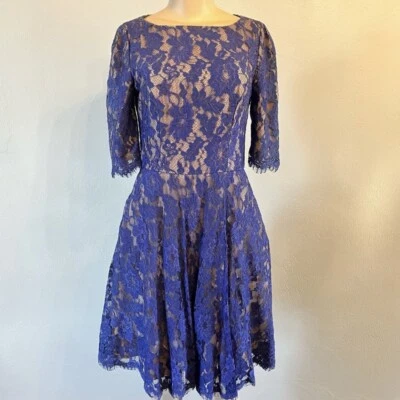 ML Monique Lhuillier Alice Cobalt Lace A-Line Dress Blue Sz 4 - Image 1 of 4