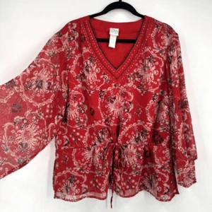 Vintage Y2K Fashion Bug Floral Beaded Bandana Print Tie Waist Blouse Sheer 2X - Picture 1 of 13