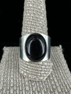 Vintage Argento Sterling Ovale Nero Onice Fede Larga Solitario Anello Misura 11 - Immagine 1 di 4