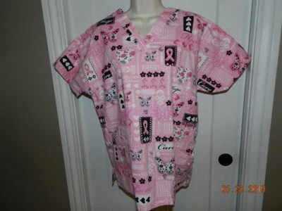 Womens Scrub Top M Black Pink breast cancer H.Q. Scrub - Image 1 of 4