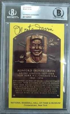 Monte Irvin Autographed New York Giants Yellow HOF Plaque Postcard Beckett  - Image 1 of 3