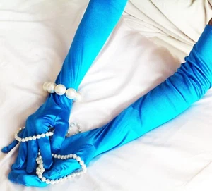 Electric Blue Glossy Silky Shiny Satin Long Opera Gloves Lingerie size L - Picture 1 of 8