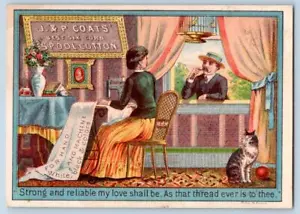J&P MANTELSPULE BAUMWOLLFADEN KATZE VOGELKÄFIG MANN BEKENNT LIEBE * FORBES LITHOGRAPHIE - Bild 1 von 2