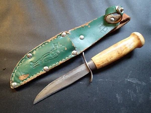 VINTAGE SCOUT KNIFE ERIK FROST MORA w WOOD HANDLE & GREEN SHEATH SWEDEN SWEDISH - Picture 1 of 8