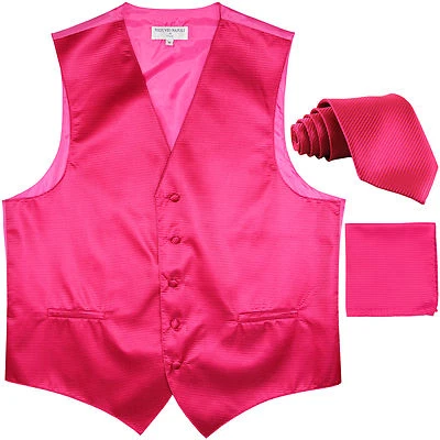 New Men's Horizontal Stripes Tuxedo Vest Waistcoat_tie & hankie hot pink formal - Image 1 of 4