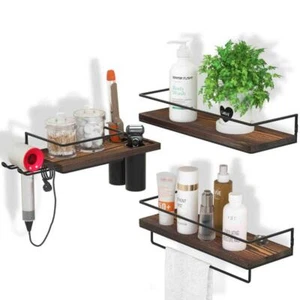 Decorative Floating 15.7"x6" Wall Shelf Pine Wood/Metal Brown/Black (Set of 3) - Picture 1 of 5