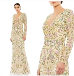 Mac Duggal size 16 Floral Sequin Longsleeve Column Gown 5503 Green Gold - Picture 1 of 15