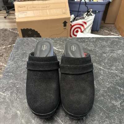 Zuecos Crocs Mule Cuero Negro Gamuza Punta Redonda Plataforma Tacón Bloque Zapatos Talla 7W Foto 1 de 4