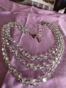 Antique 3 Chain Strand  Necklace Graduated Crystal Glass Shiny Clear Beads Old - Picture 1 of 8