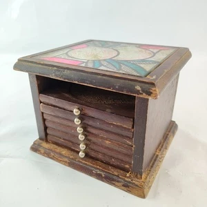 Vintage 6er Set Holz & Kork Untersetzer Holzkiste Halter Acryl Flieseneinsatz Top - Bild 1 von 7