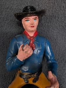 Vintage 1950 Plastic 6 Inch Western Cowboy Rider Blue Shirt Yellow Pants Hat - Picture 1 of 11